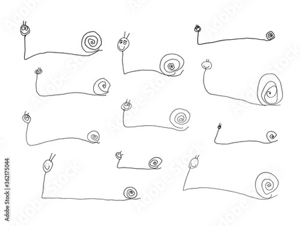 Fototapeta Kids sketch set of hand-drawn snails. Children's doodle collection of snails. Cute editable illustration