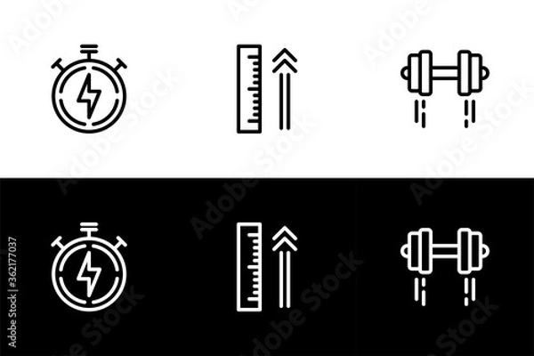 Fototapeta Faster, higher, and stronger icon set. Flat design icon collection isolated on black and white background.