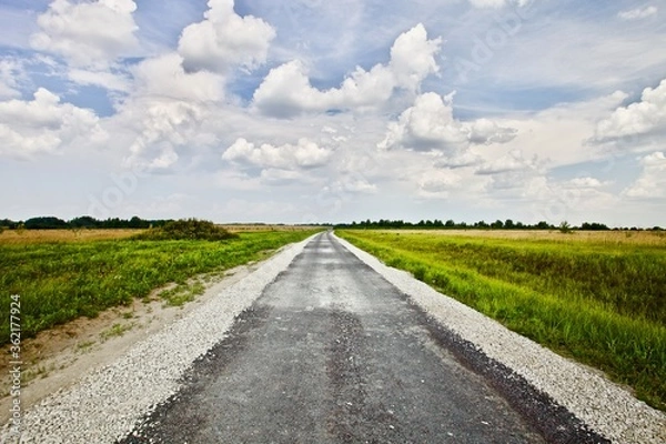 Fototapeta Countryside road leading through the fields. Countryside road on sunny summer day. Old empty asphalt road in the countryside. Road leading to the horizon. Traveling by car. Adventure and freedom.