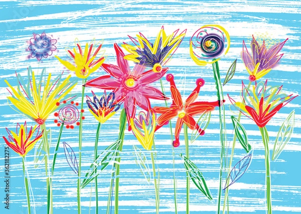 Fototapeta Colorful Childish Drawn Summer Flowers