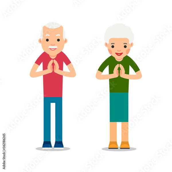 Fototapeta Elderly man and woman standing and makes greeting with his hands together to prevent transmission of viruses. Isolated illustration in flat style on white background. Namaste of european people