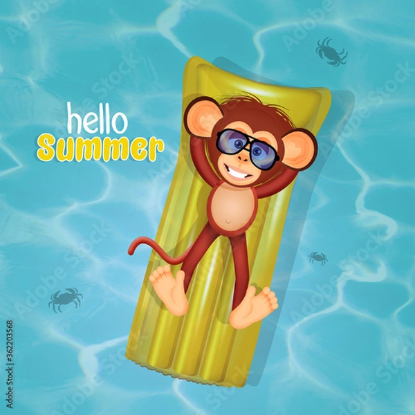 Fototapeta monkey relaxing on the inflatable mattress at the sea