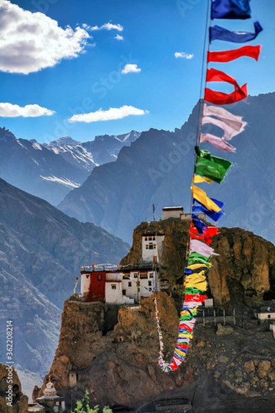 Fototapeta Tibetan Buddhist monastery Dhankar Gompa located at the Spiti Valley, Himachal Pradesh, India.