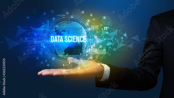 Fototapeta Elegant hand holding DATA SCIENCE inscription, digital technology concept