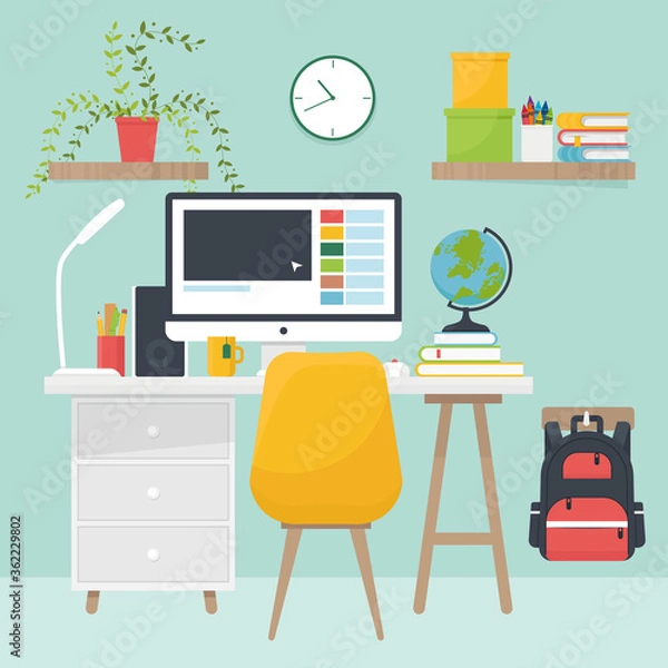 Fototapeta Learning, education concept. Home workplace with desk, book, globe, room interior. Online learning, back to school, graduation banner. Flat vector illustration