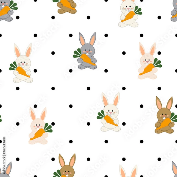 Obraz Bunny colors, white, gray and brown, with carrots and black polka dots background