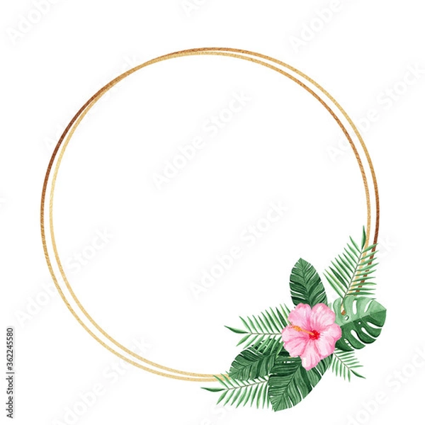 Fototapeta gold round frame with watercolor tropical flowers and leaves isolated on white background. For wedding invitations and cards design