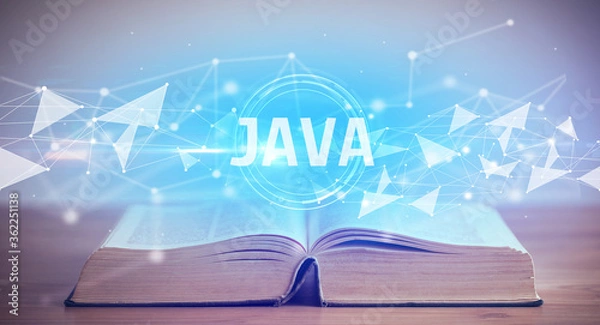 Fototapeta Open book with JAVA abbreviation, modern technology concept