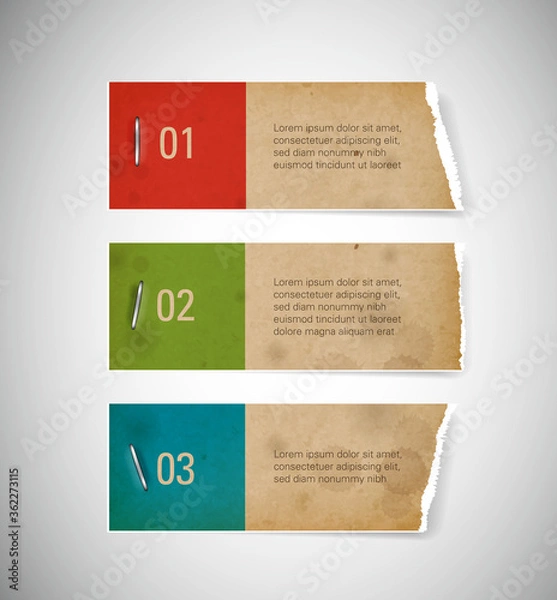 Fototapeta set of vector old dirty torn paper banners with staple,  infographic