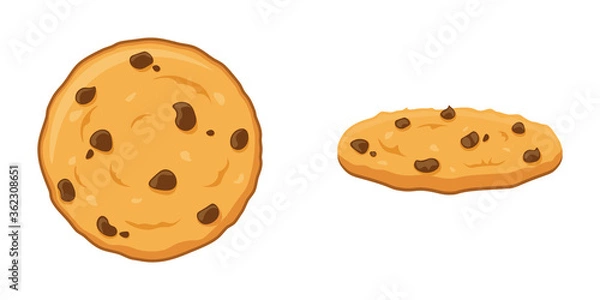 Fototapeta Chocolate chip cookies. Original cookies cartoon vector illustration isolated on white background. Top view and side view.