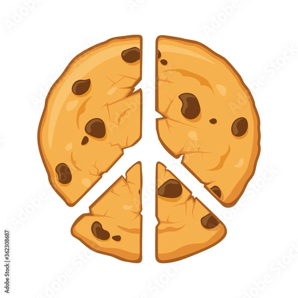 Fototapeta Chocolate chip cookies peace sign. Original cookies cartoon vector illustration isolated on white background. Cracked and broken cookies.