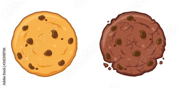 Fototapeta Chocolate chip cookies different level of cooked. Perfect and over cook cookies cartoon vector illustration isolated on white background. Dry cookies.