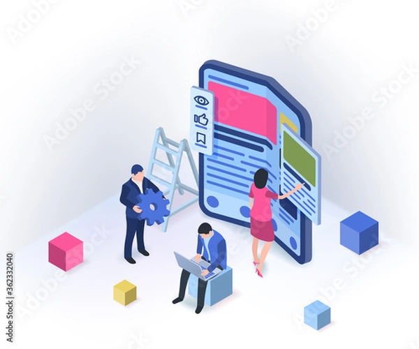 Fototapeta UI / UX design concept with character and text place. Modern flexible phone in isometric style. Teamwork on the application. Raster image isolated on white background.