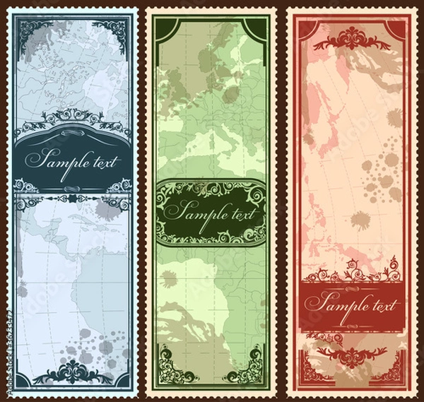 Fototapeta Set of three vintage bookmarks with map parts