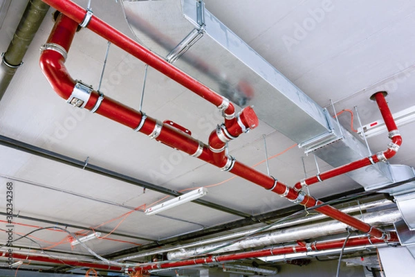 Obraz installation of pipelines on the ceiling; engineering construction