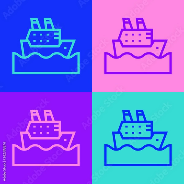 Fototapeta Pop art line Cruise ship in ocean icon isolated on color background. Cruising the world. Vector.