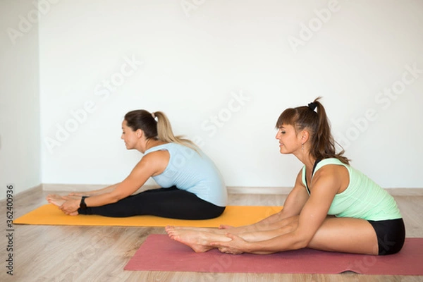 Fototapeta two beautiful adult women doing yoga at home