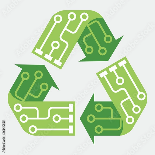 Fototapeta E-waste garbage icon. Old discarded electronic waste to recycling symbol. Ecology concept. Design by recycle sign with circuit lines. Flat colors style vector illustration isolated on grey background