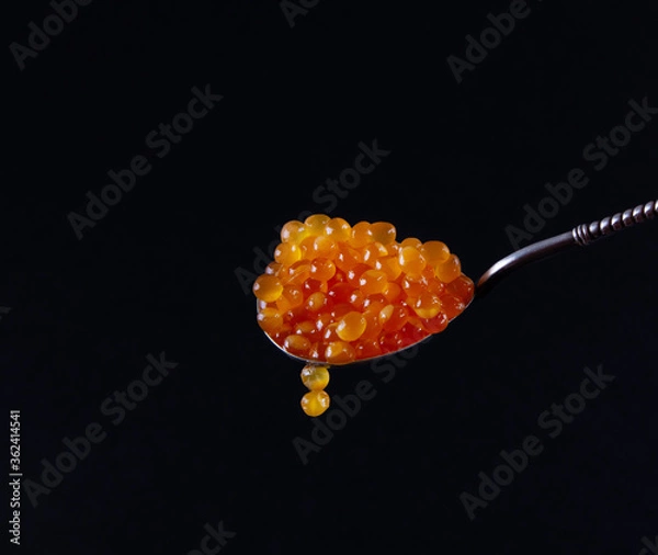 Obraz Salmon Roe in Silver Spoon on Dark Background.