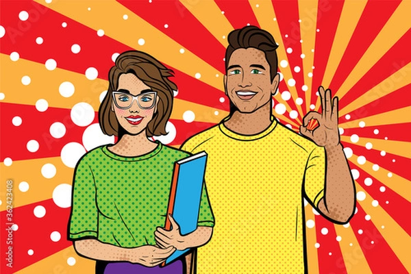 Fototapeta Woman with a man in pop art style. Background in comic style retro pop art. Illustration for print advertising and web.