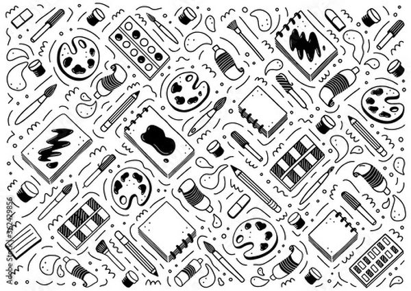 Fototapeta Hand drawn set of creative artist tools element, brush, pencil, paint, sketchbook, marker. Doodle sketch style. Artist element drawn by digital pen. Vector illustration for banner, icon, craft design