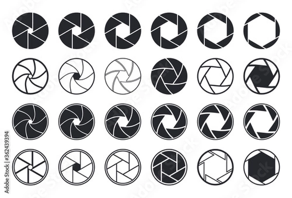 Fototapeta Camera shutter icons. Aperture and lens for focus. Photo optics. Diaphragm, objective, zoom-snap of photograph. Logos of photography studio, film, picture. Symbol for photo, video equipment. Vector