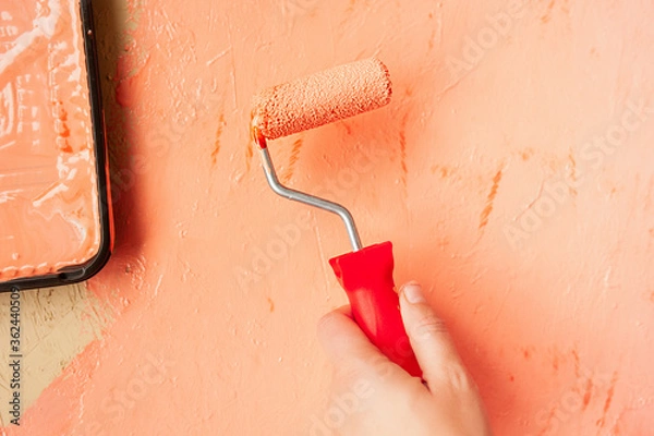 Fototapeta repair roller in the left hand of a person paints wooden plywood in pastel soft orange color, close-up, building content
