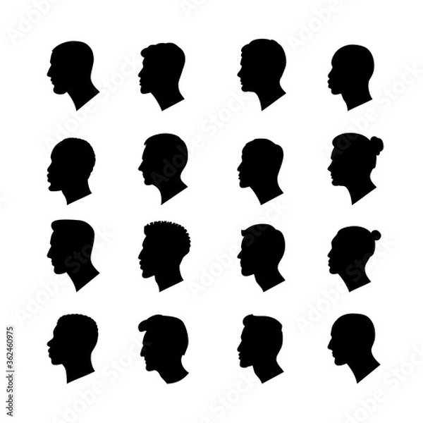 Obraz Set of illustrations of european and asian and also afro-american nationality male profiles. Vector black silhouette portraits of men. Avatars on white background.