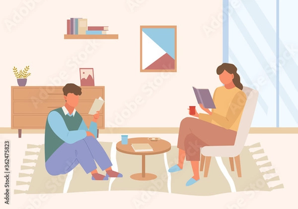 Fototapeta Characters read books at home illustration. Guy girl sitting armchair floor enthusiastically studying recently released fantasy bestseller cozy home atmosphere coffee table. Cartoon reading vector.