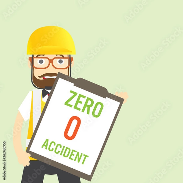 Fototapeta Construction ,Technician worker show and pointing zero accident sign, safety first, vector illustrator