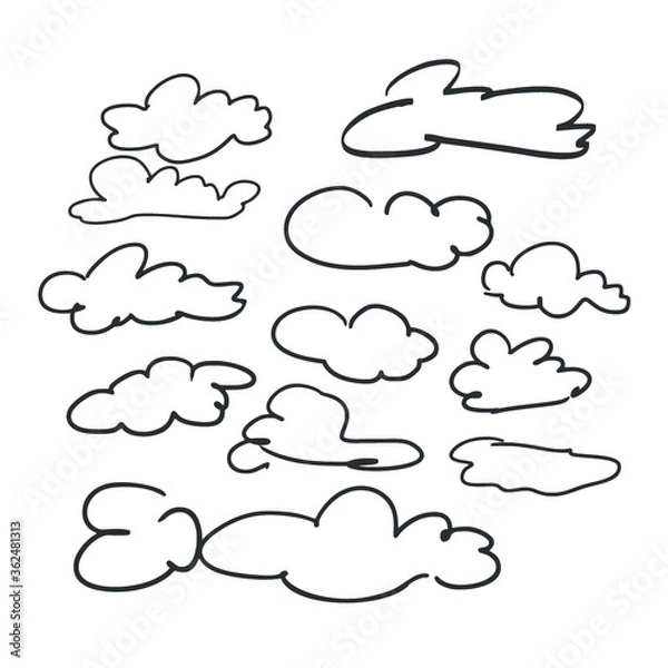 Fototapeta Set of sketches of clouds hand-drawn. Set of contour vector clouds