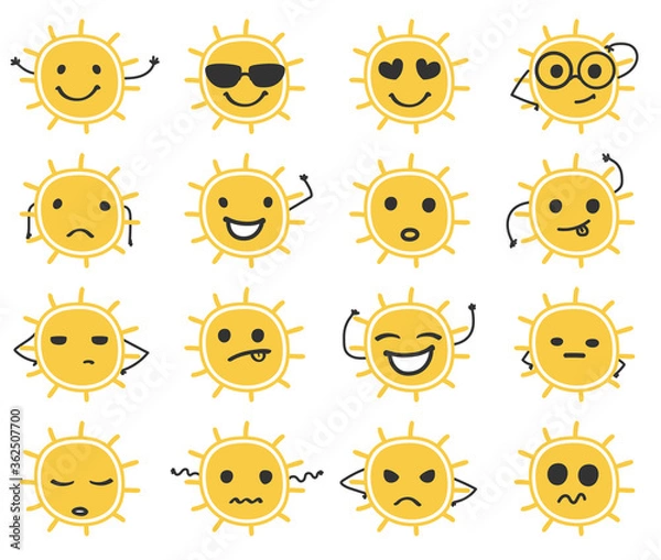 Obraz Cartoon sun character icon collection.Vector  illustration of sun cartoon character emoji set.