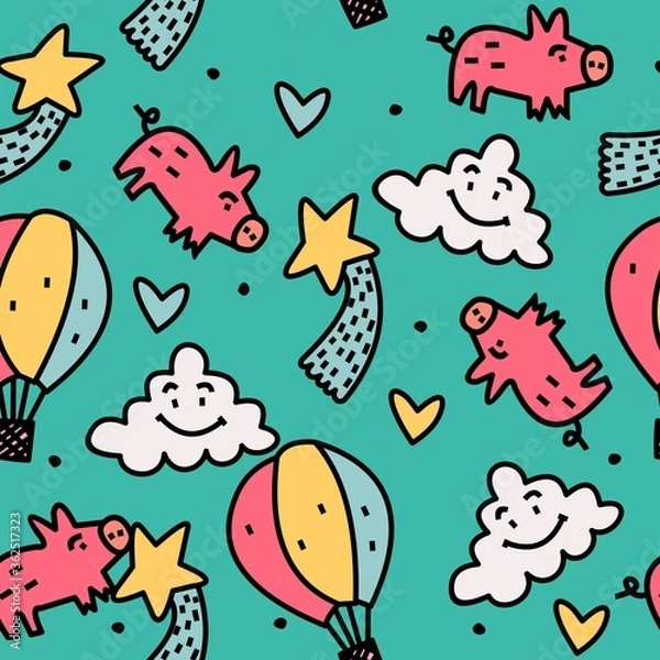 Fototapeta Vector seamless pattern. Kids background with cartoon elements. Pink pig, cloud, balloon, star. Cute print for textiles and paper.