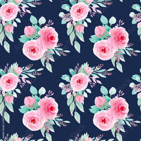 Obraz Watercolor seamless pattern. Hand drawing botanical illustration with pink roses bouquet and white backgraund. Floral Design. Perfect for invitations, wrapping paper, textile, fabric, poster, packing