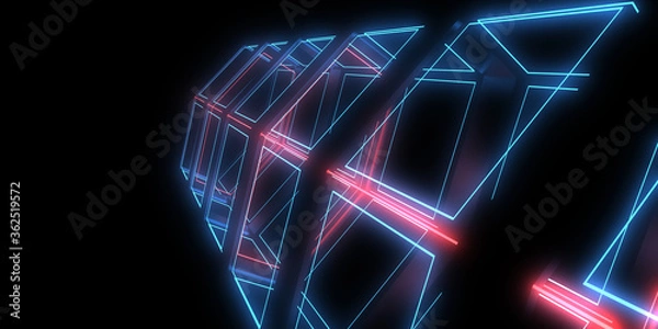 Fototapeta 3D abstract background with neon lights. neon tunnel .space construction . 3d illustration