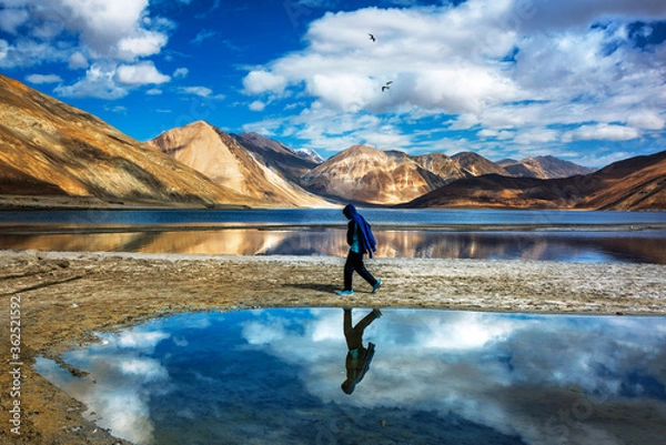 Fototapeta Mountains and Pangong tso (Lake). It is huge and highest lake in Ladakh.