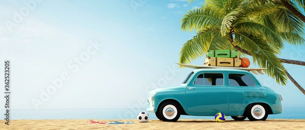 Obraz car with surfboard and luggage on top on the beach in front of the palms and ocean, summer 3D background illustration concept
