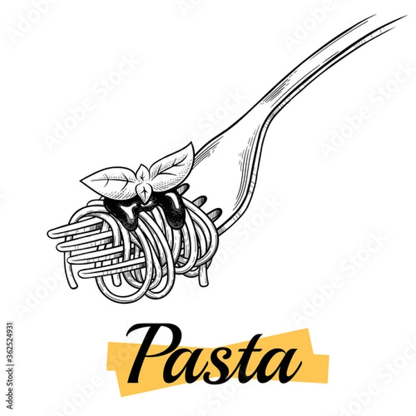 Fototapeta Italian pasta. Spaghetti on a fork with sauce and herbs. Vector vintage black illustration isolated on a white background. Engraving, outline, ink style.