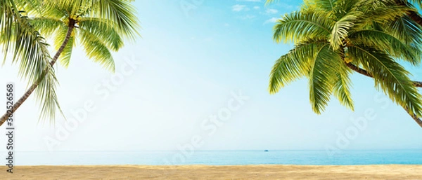 Obraz Beach with palm trees, ocean view, summer 3D background illustration concept