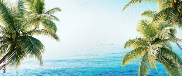 Obraz Beach with palm trees, ocean view, summer 3D background illustration concept