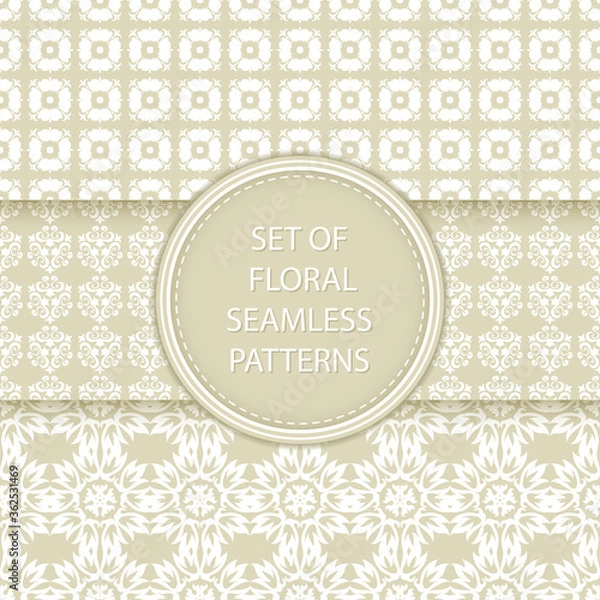 Fototapeta Olive green and white floral seamless backgrounds. Compilation of patterns