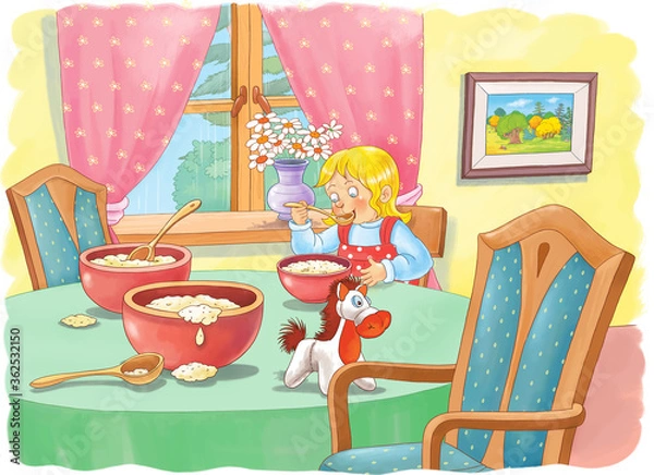Fototapeta Goldilocks and the three bears. Fairy tale.  One picture from series. Coloring book. Educational book. Illustration for children. Cute and funny cartoon characters