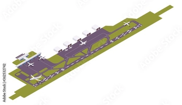 Obraz Isometric vector airport runway with take-off airplane. 3d station.