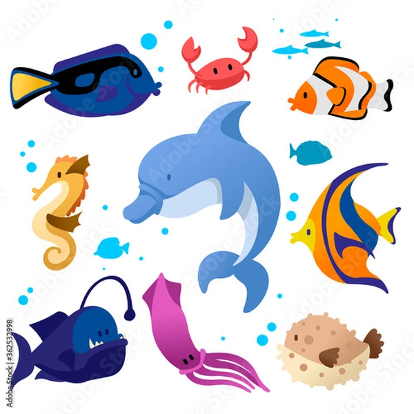 Fototapeta Cartoon Color Different Fish Icons Set. Vector