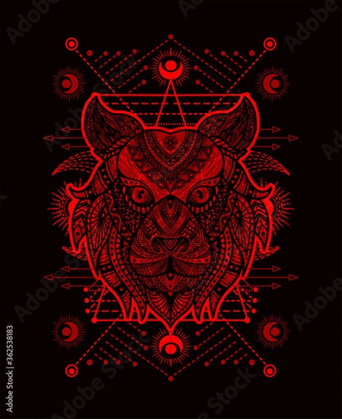 Fototapeta Illustration vector tiger head mandala pattern style with sacred geometry on black background.