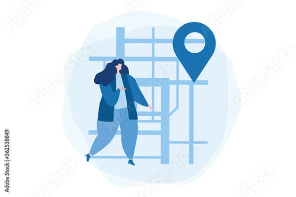 Fototapeta GPS navigation  app. maps, woman get directions. Vector illustration for web banner, infographics, mobile. 
