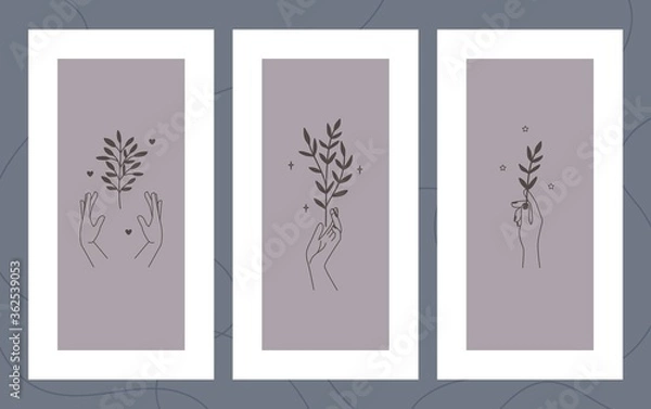 Fototapeta Floral flyers template. Modern banners or bookmarks with outline hands holding branches. Contemporary minimalist design vector illustration