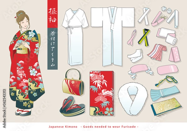 Obraz 振袖の着付けアイテム一式ベクターイラスト。