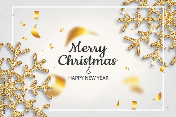 Obraz Golden snowflakes shimmer on light background