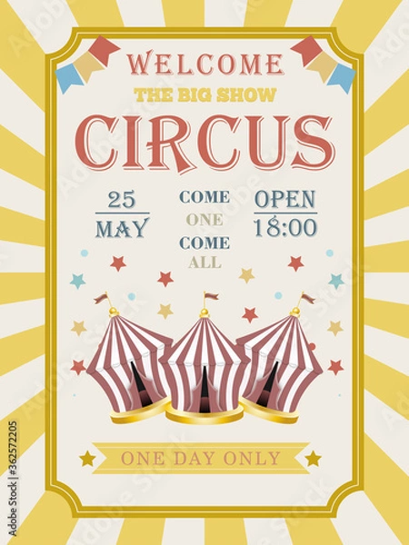 Fototapeta Retro poster invitation for circus or carnival show. Circus tent. Vintage circus banner with dome tent, stars, ribbon and garlands. Vector illustration. 